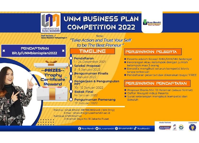 Universitas Nusa Mandiri (UNM) mengadakan Lomba Bussiness Plan Competition 2022 dengan tema Take Action n Trust Your Self to be Entrepreneur.