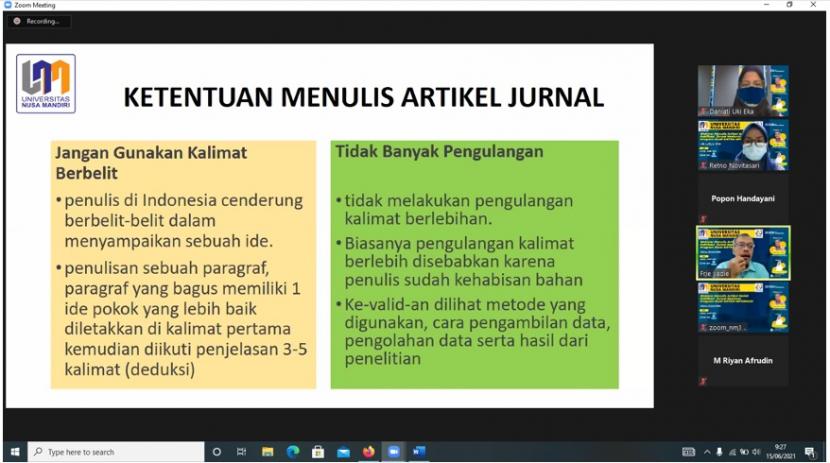 Universitas Nusa Mandiri (UNM) mengadakan webinar Menulis Artikel Ilmiah Publikasi Jurnal Nasional Program Studi Sistem Informasi, Selasa (15/6).