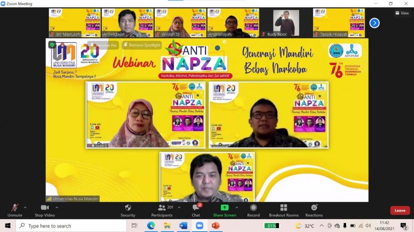 Universitas Nusa Mandiri (UNM) menggelar webinar Anti Napza, Sabtu (14/8) lalu.