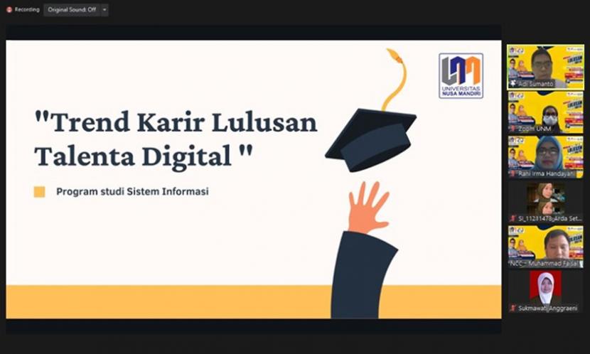 Universitas Nusa Mandiri (UNM) menyelenggarakan Webinar Tren Karir Lulusan Talenta Digital. Acara digelar secara daring pada Kamis (18/11) lalu, pukul 09.00-12.00 WIB.