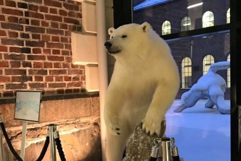 Untuk mengilustrasikan pendapatnya, Kementerian Luar Negeri Norwegia memasang replika/boneka beruang kutub ini.