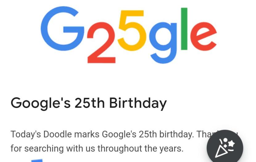 Untuk merayakan ulang tahunnya yang ke-25, Google menampilkan doodle bergerak menghiasi alat pencarian. 
