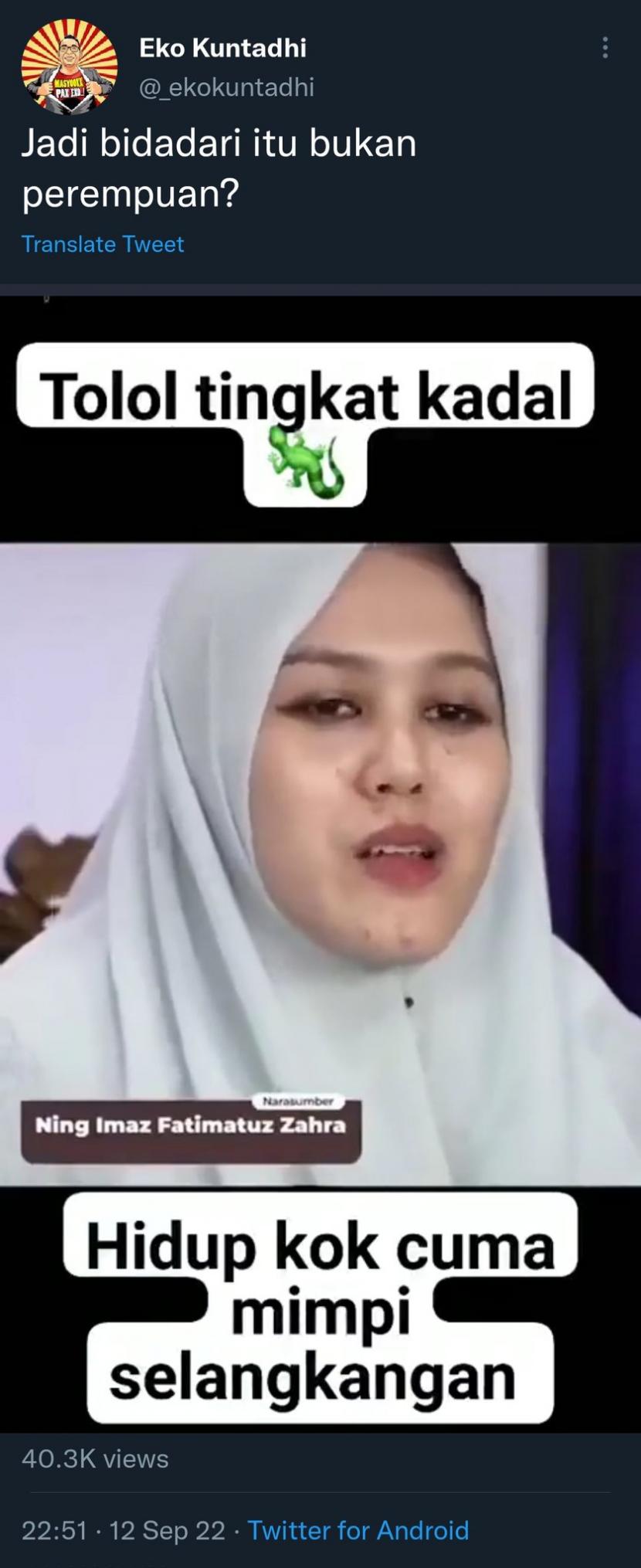 Ustadzah Ponpes Lirboyo, Kota Kediri, Jawa Timur, Imaz Fatimatuz Zahra alias Ning Imaz menjadi korban penghinaan dan pelecehan di lini masa Twitter.