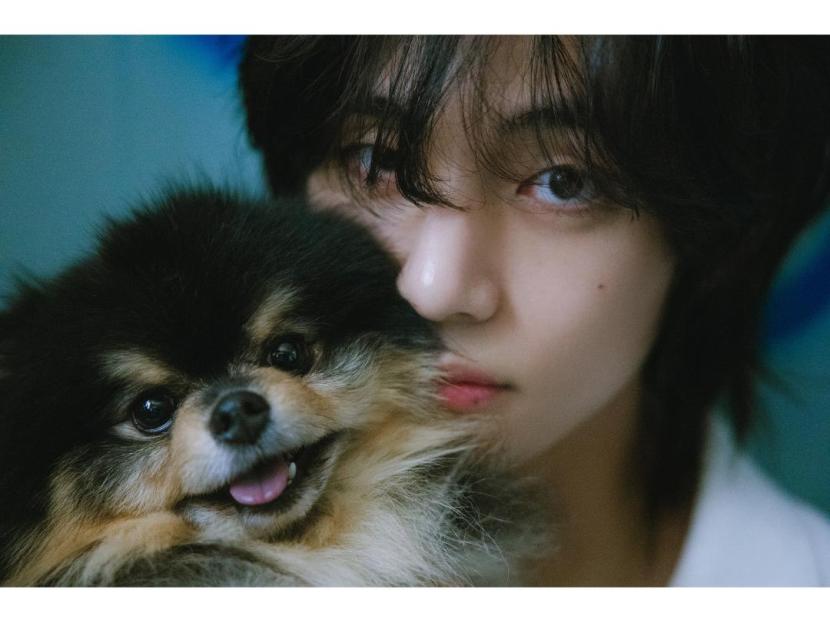 V BTS (kanan) bersama anjing peliharaannya bernama Yeontan. Yeontan lebih mendengarkan ibu V dibandingkan dirinya.