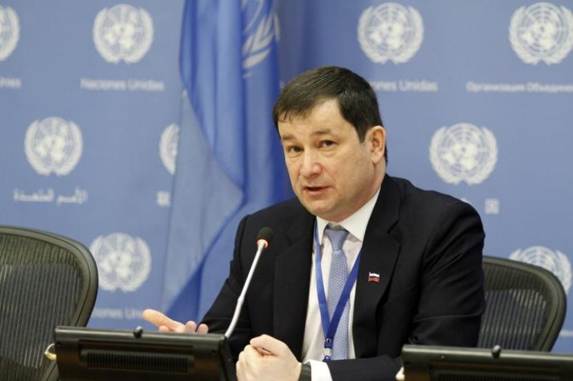 Wakil Duta Besar Rusia untuk PBB Dmitry Polyanskiy berbicara di Markas PBB di New York pada 4 Maret 2019. 