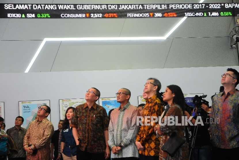 Wakil Gubernur DKI Jakarta terpilih periode 2017-2022 Sandiaga Uno (tengah) melihat pergerakan Indeks Harga Saham Gabungan (IHSG) saat membuka perdagangan saham di Gedung Bursa Efek Indonesia (BEI) Jakarta, Jumat (2/6). 