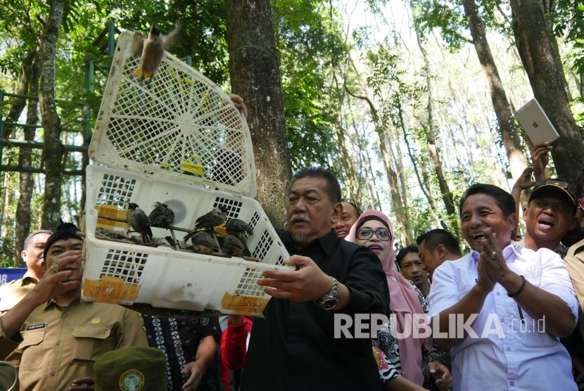 Wakil Gubernur Jawa Barat Deddy Mizwar melepas burung pada acara Kampanye Pelestarian Burung-burung Liar di Jawa Barat, di Hutan Raya H Djuanda (Tahura), Cimenyan, Kabupaten Bandung, Selasa (25/7). 