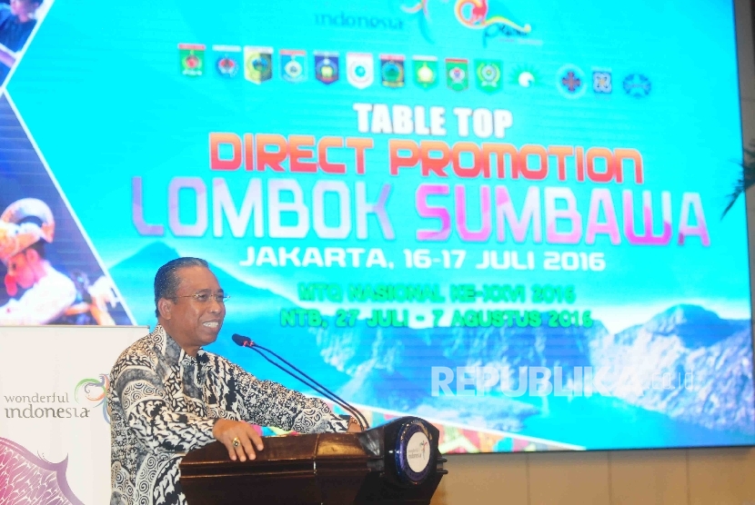 Wakil Gubernur Nusa Tenggara Barat (NTB), Muhammad Amin memberikan sambutan saat table top direct promotion Lombok Sumbawa di Gedung Kementerian Pariwisata, Jakarta, Sabtu (16/7)