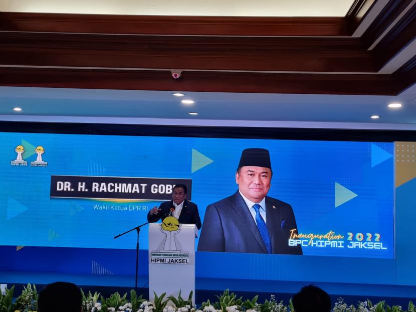 Wakil Ketua DPR Rachmat Gobel, saat berbicara pada acara pelantikan Badan Pengurus Cabang (BPC) Himpunan Pengusaha Muda Indonesia (Hipmi) Jakarta Selatan, DKI Jakarta, 
