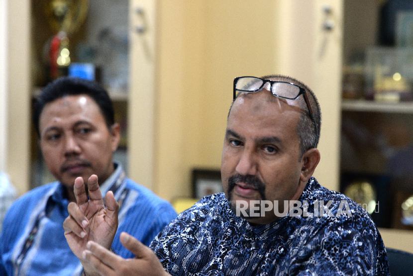 Wakil ketua IKAPI DKI Jakarta sekaligus ketua IBF 2018, Anies Baswedan memberikan paparan saat silaturahim ke Kantor Republika, Jakarta, Selasa (7/11).