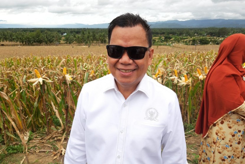 Wakil Ketua Komisi IV DPR RI, Roem Kono saat panen raya jagung di Desa Tolotio, Kecamatan Tibawa, Kabupaten Gorontalo, Rabu (30/1).