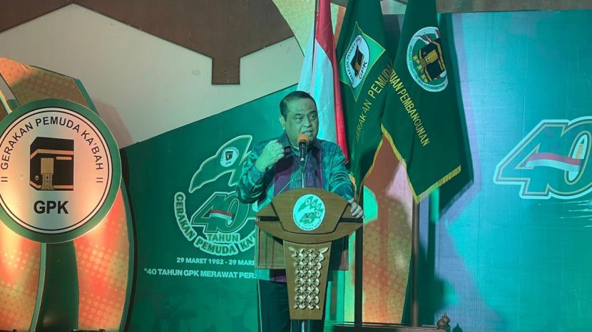 Wakil Ketua Umum Dewan Masjid Indonesia (DMI) Komjen Pol (Purn) Syafruddin saat berpidato di perayaan 40 tahun gerakan Pemuda Ka