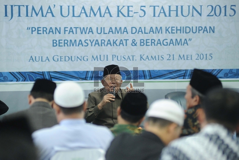Wakil Ketua Umum Majelis Ulama Indonesia (MUI) Ma'aruf Amin berbicara saat launcing kegiatan di kantor Pusat MUI,Jakarta,Kamis (21/5).