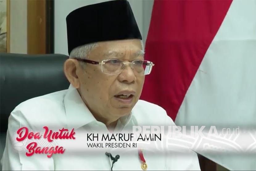 Wakil Preside RI Maruf Amin menyampaikan sambutan pada acara Doa Untuk Bangsa yang digelar secara virtual oleh Republika, Kamis (31/12) malam.