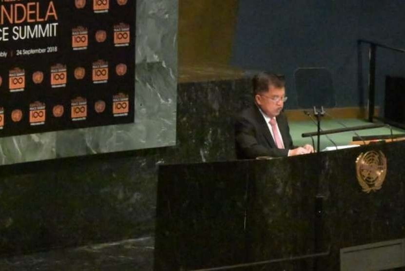 Wakil Presiden Jusuf Kalla saat berpidato di Nelson Mandela Peace Summit di General Assembly Hall, Markas PBB di New York, Senin (24/9) waktu setempat.