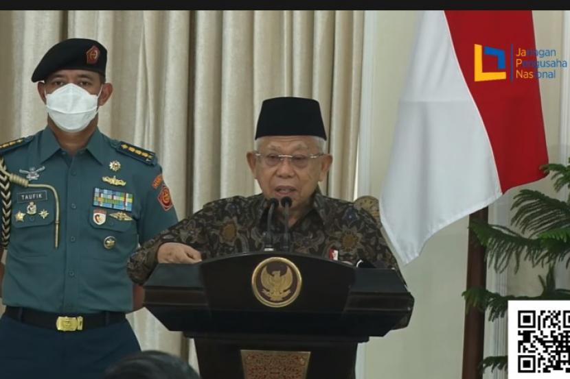 Wakil Presiden Maruf Amin saat membuka acara Musyawarah Nasional I Jaringan Pengusaha Nasional di Istana Wakil Presiden, Jakarta, Rabu (24/8). 