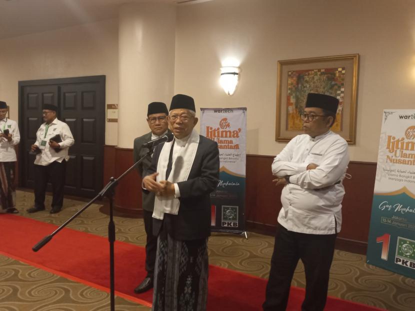 Wakil Presiden Maruf Amin saat menghadiri acara Ijtima Ulama Nusantara di Hotel Millennium di Jakarta, Jumat (13/1/2023).