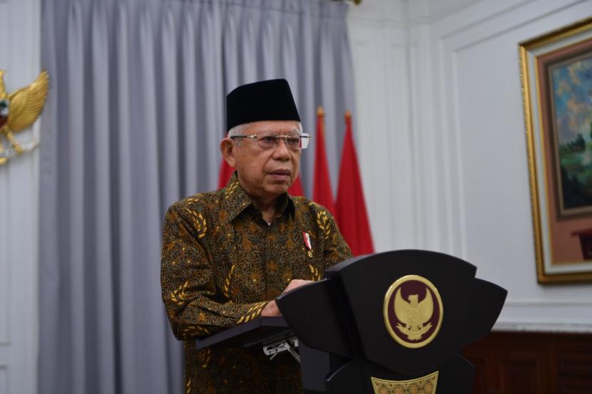 Wakil Presiden Maruf Amin saat menghadiri Rapat Kerja Nasional Serikat Nelayan Nahdlatul Ulama secara daring, Jumat (2/9). 