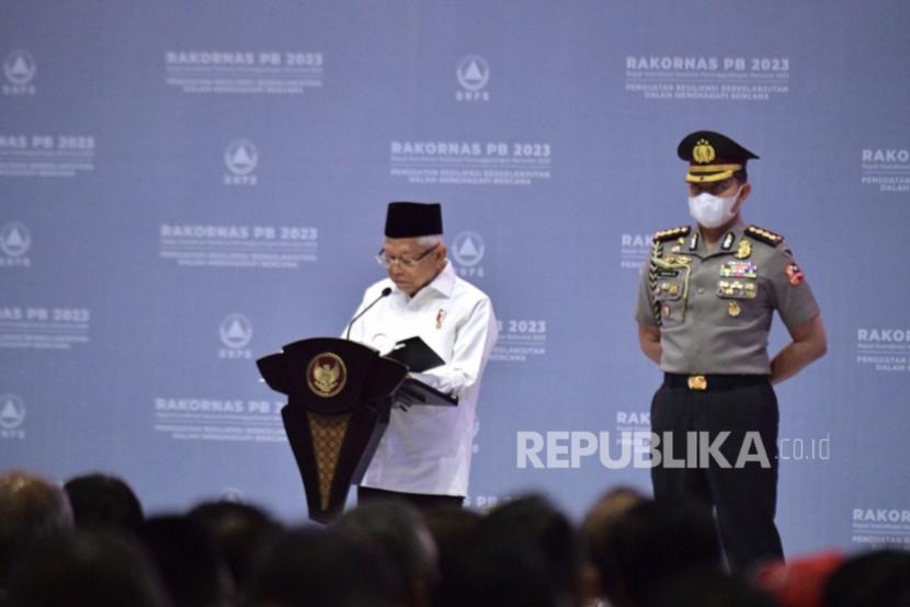 Wakil Presiden Maruf Amin saat menutup Rapat Koordinasi Nasional (Rakornas) Penanggulangan Bencana Tahun 2023 di Jiexpo Kemayoran, Jakarta Pusat, Kamis (02/03/2023). 