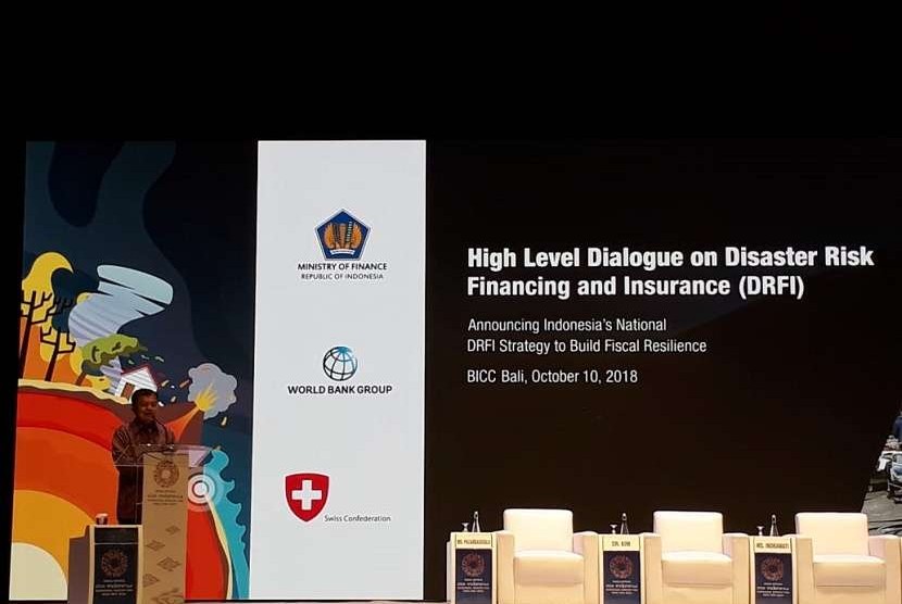 Wakil Presiden RI, Muhammad Jusuf Kalla dalam Diskusi Strategi Pembiayaan dan Asuransi Risiko Bencana Indonesia di Hotel Westin, Bali, Selasa (10/10).