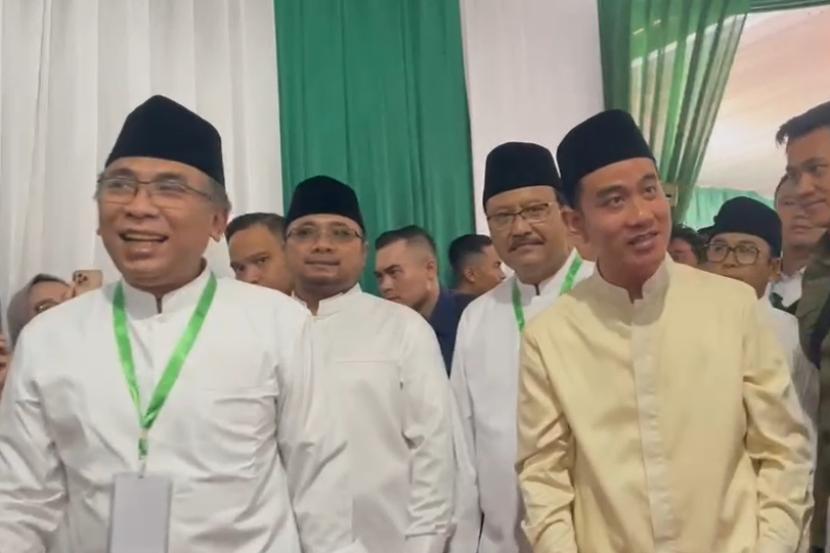 Wakil Presiden terpilih Gibran Rakabuming Raka menghadiri acara Halal bi halal PBNU di Jakarta, Ahad (28/4/2024). 