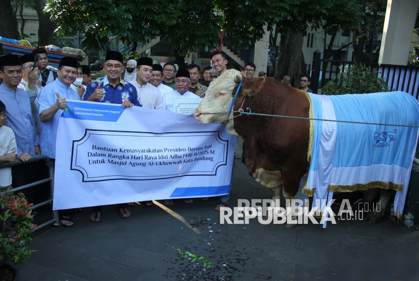 Wali Kota Bandung Muhammad Farhan menyerahkan sapi titipan Presiden RI kepada DKM Masjid Al Ukhuwwah usai shalat Idul Adha tingkat Kota Bandung, Jumat (6/6/2025).