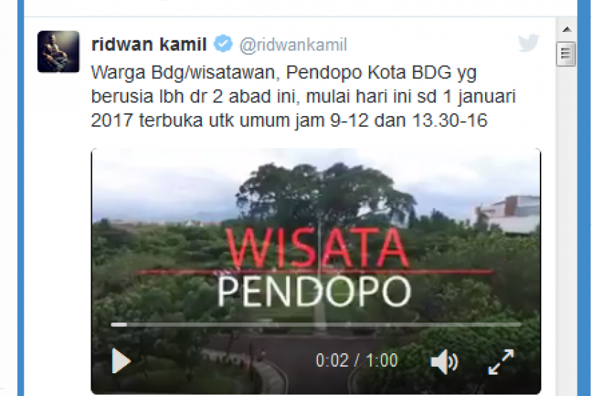 Wali Kota Bandung, Ridwan Kamil mengumumkan adawanya Wisata Pendopo selama liburan akhir tahun ini, Sabtu (24/12).