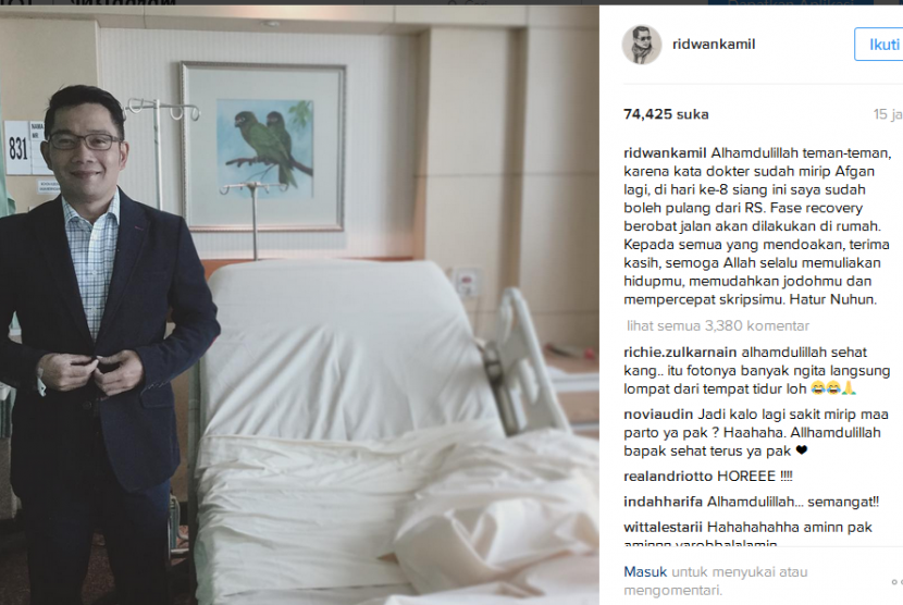 Wali Kota Bandung, Ridwan Kamil mengunggah fotonya yang menyatakan sudah sehat kembali dari sakit demam berdarah yang membuatnya harus dirawat selama beberapa hari di rumah sakit, Kamis (12/1).