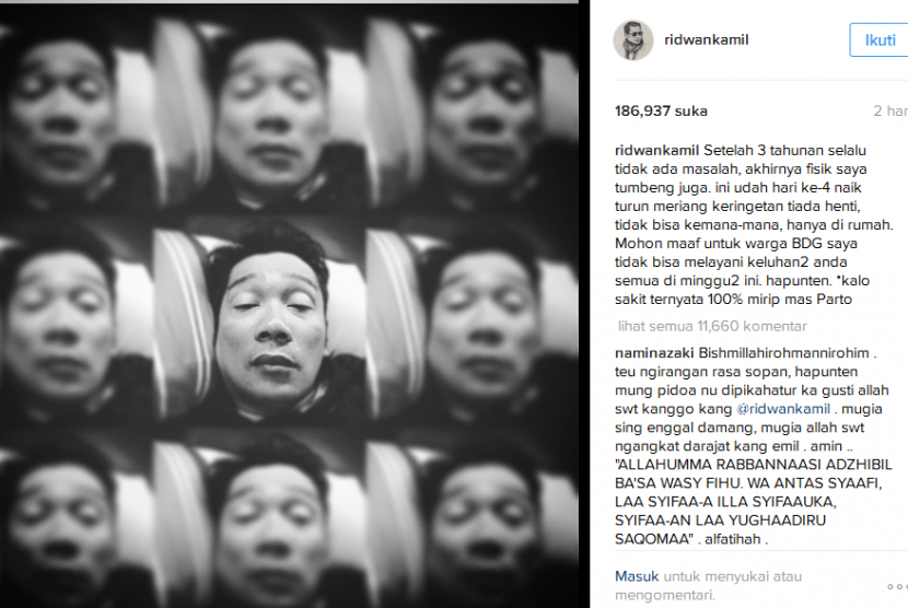 Wali Kota Bandung, Ridwan Kamil mengunggah fotonya yang sedang terbaring karena sakit di akun media sosial Instagram pribadinya, Senin (9/1).
