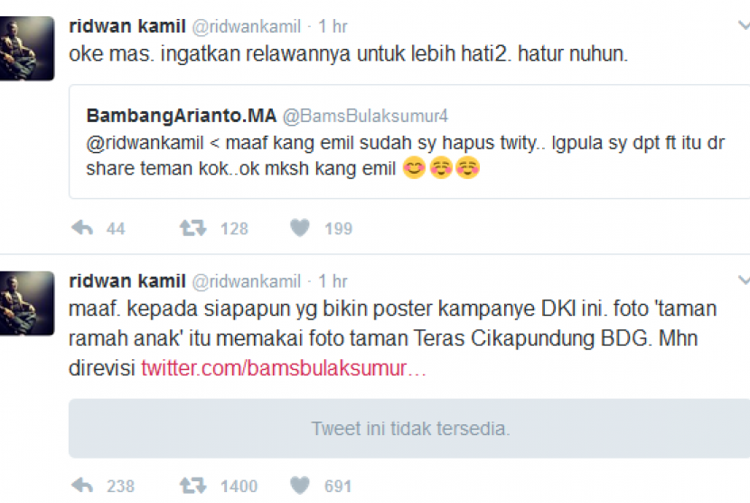 Wali Kota Bandung, Ridwan Kamil protes Taman Teras Cikapundung dijadikan poster kampanye tim Ahok-Djarot, Jumat (27/1).