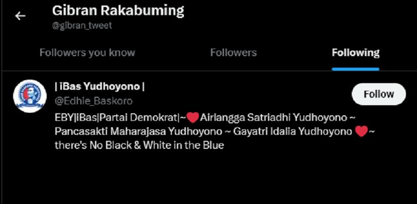 Wali Kota Solo Gibran Rakabuming Raka terpantau hanya mengikuti akun Twitter Edhie Baskoro Yudhoyono atau Ibas.