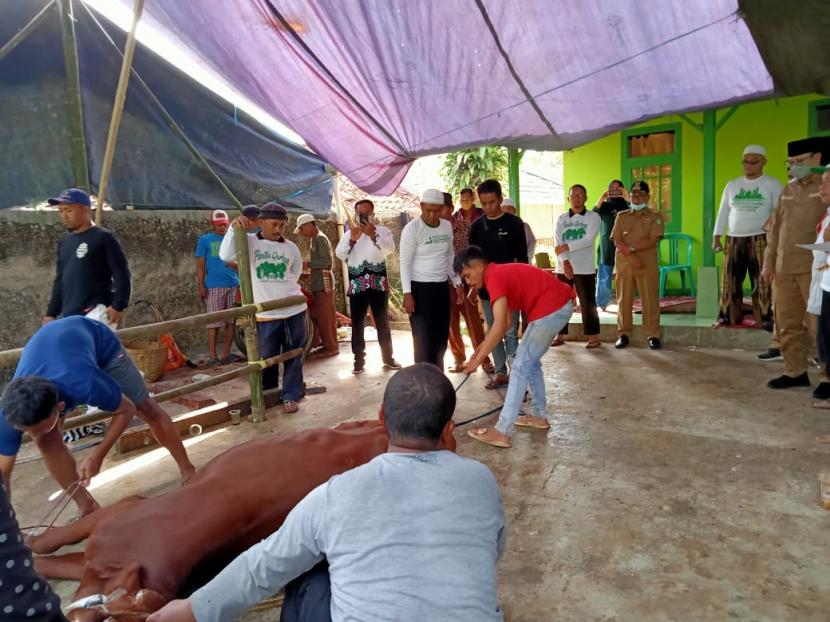 Wali Kota Sukabumi Achmad Fahmi meninjau pemotongan hewan kurban yang berasal dari Masjid Agung Sukabumi di Kecamatan Lembursitu, Kota Sukabumi, Senin (11/7/2022)