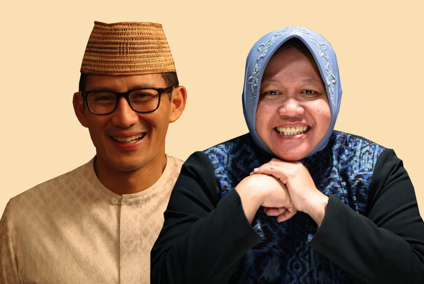 Wali Kota Surabaya Tri Rismaharini (kanan) dan pengusaha Sandiaga Uno (kiri) yang digadang-gadang akan menjadi pasangan kuat di Pilkada DKI 2017.