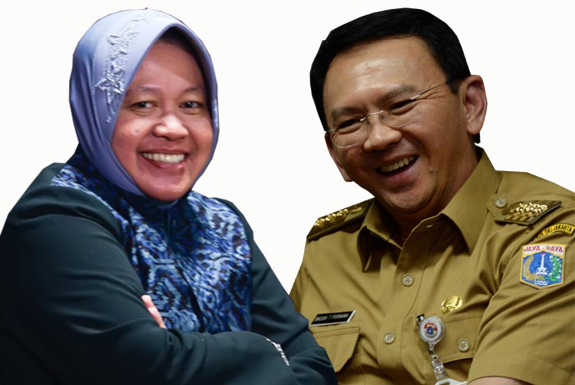 Wali Kota Surabaya, Tri Rismaharini (kiri) dan Gubernur DKI Jakarta, Basuki Tjahaja Purnama alias Ahok (kanan).