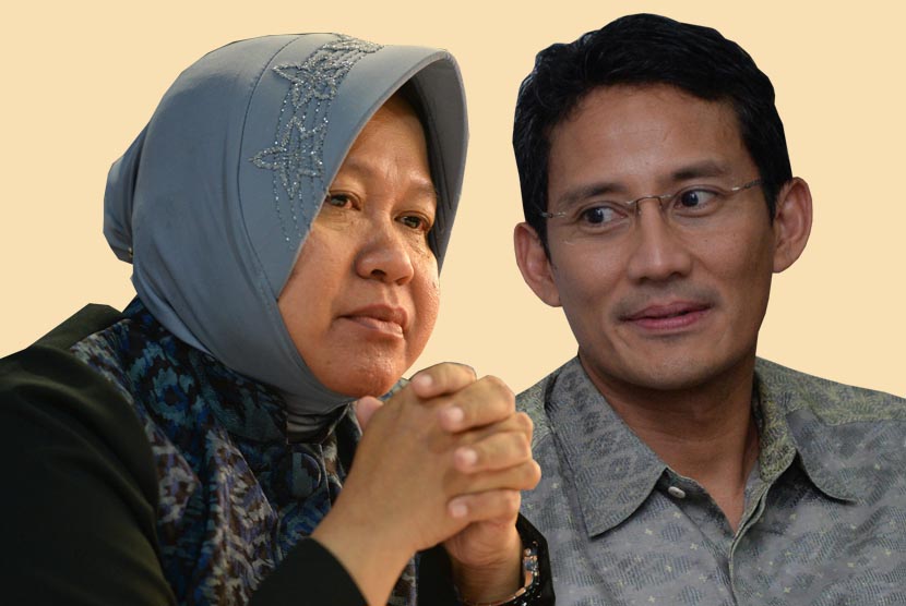 Wali Kota Surabaya Tri Rismaharini (kiri) dan pengusaha Sandiaga Uno (kanan) yang digadang-gadang akan menjadi pasangan kuat di Pilkada DKI 2017.