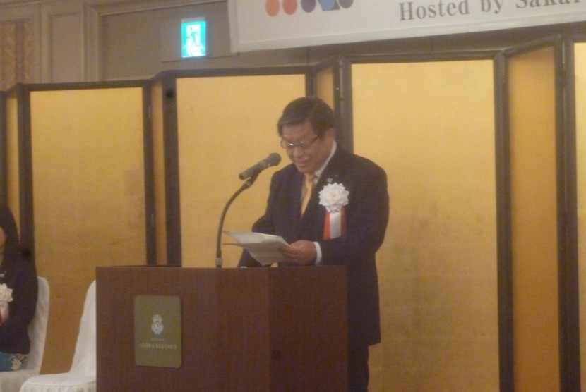 Walikota Sakai, Osama Takeyama, memberikan pidato dalam acara resepsi Sakai-Asean Week 2014 di Sakai, Jepang, Jumat (10/10).