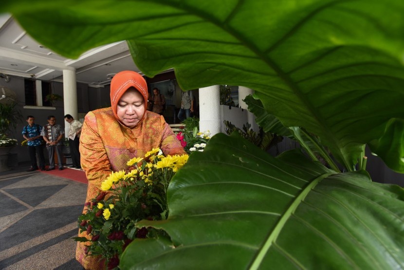 Walikota Surabya Tri Rismaharini menata bunga di halaman Balai Kota Surabaya, Jawa Timur, Kamis (12/3).