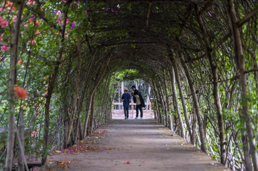 Warga berjalan menyusuri lorong bunga saat berwisata di Taman Hutan Kota, Palu, Sualwesi Tengah, Ahad (4/9/2022).