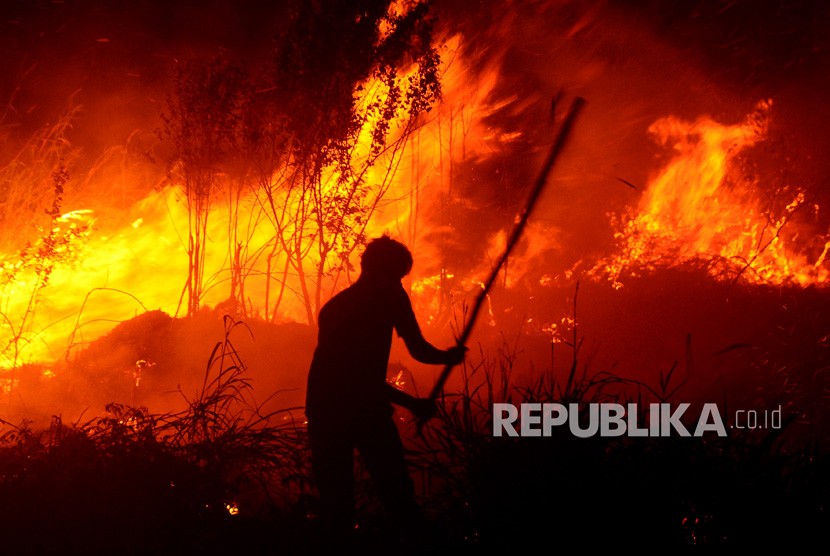 Jumlah Titik Api di Sumsel Berkurang Tiga Tahun Terakhir. Warga berupaya memadamkan kebakaran lahan gambut di desa Pulau Semambu, Ogan Ilir, Sumatra Selatan, Selasa (6/8/2019).