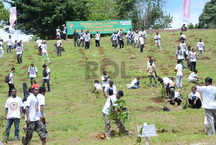   Warga melakukan penanaman pohon di Yonif Arai 752 Manokwari, Papua Barat, Kamis (21/11).   (Republika/Edi Yusuf)