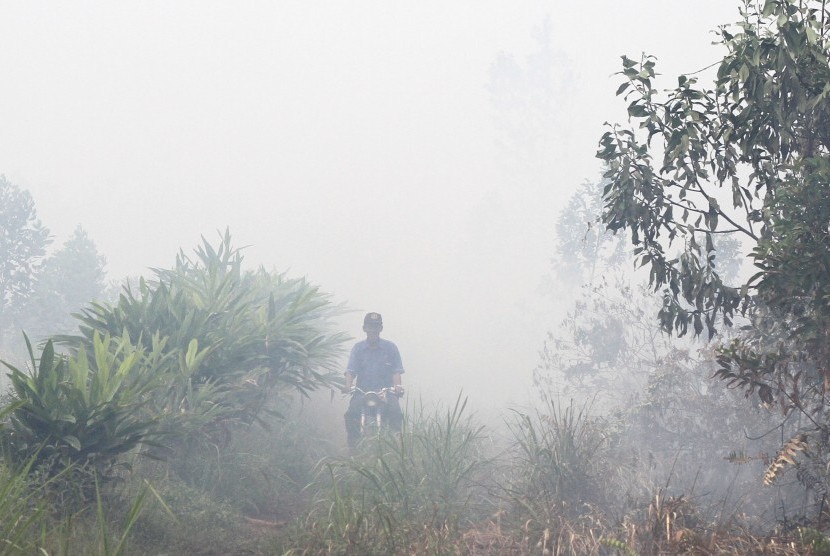 Warga melintas ditengah kepulan asap tebal kebakaran lahan gambut yang terjadi di Rimbo Panjang, Kampar, Riau, Kamis (30/7).