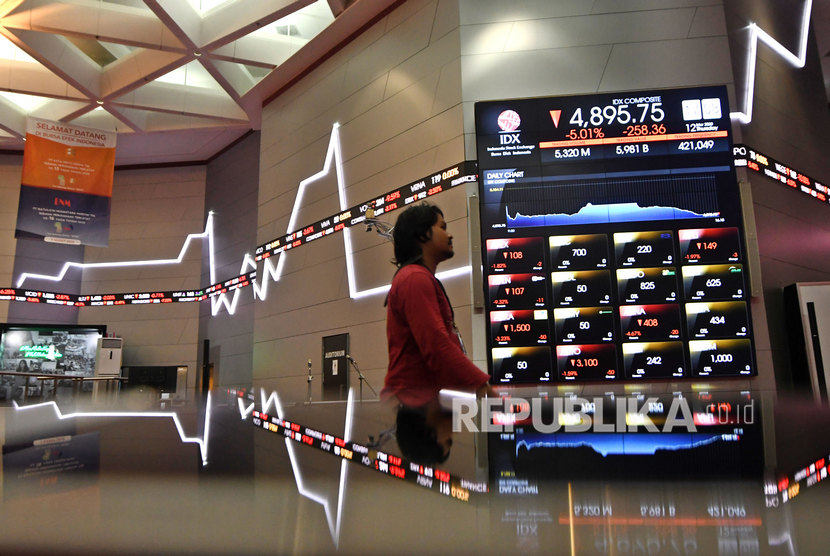 Warga melintas layar yang menampilkan infornasi pergerakan harga saham di Bursa Efek Indonesia (BEI), Jakarta. ilustrasi
