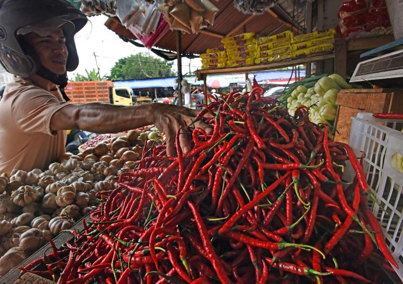 Warga memilih cabai merah, ilustrasi. Pascakenaikan harga Bahan Bakar Minyak (BBM) subsidi, harga cabai merah komoditas kebutuhan vital dapur rumah tangga kembali naik lagi di pasar tradisional Kota Bandar Lampung, Senin (5/9/2022). 