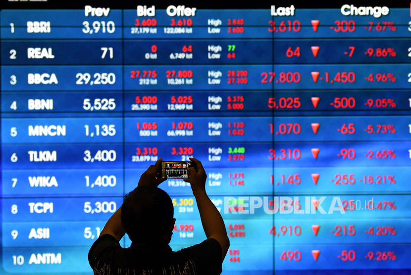 Warga memotret layar yang menampilkan infornasi pergerakan harga saham di Bursa Efek Indonesia (BEI), Jakarta. ilustrasi (Antara/Aditya Pradana Putra)