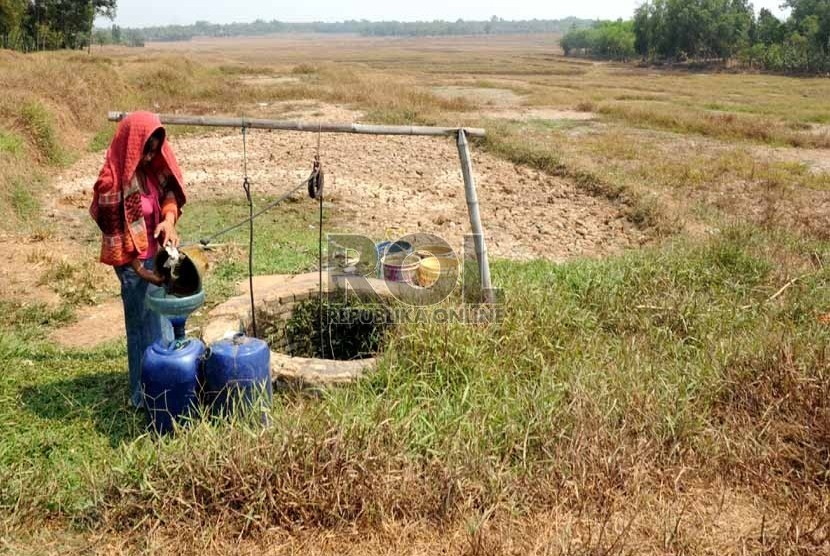  Warga menimba air di sebuah sumur di tengah sawah yang mengalami kekeringan di Serang, Kabupaten Bekasi, Jawa Barat, Ahad (2/9). (Aditya Pradana Putra/Republika)