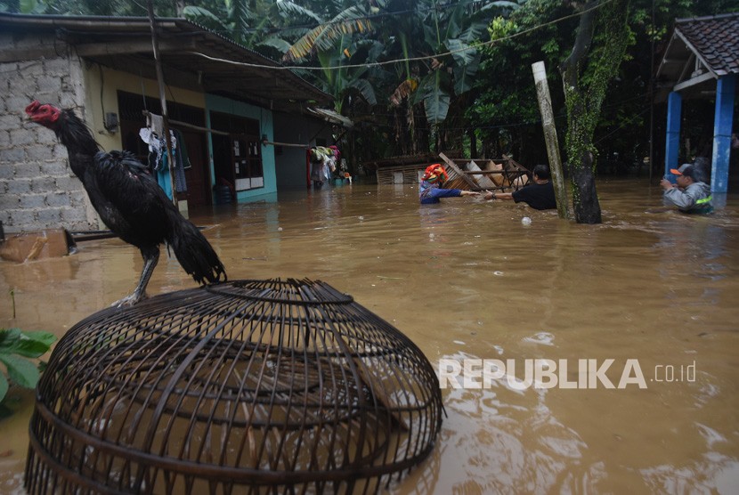 Warga meninggalkan rumahnya yang terendam saat banjir melanda permukiman bantaran Sungai Ciliwung di Jalan Gotong Royong, Kemirimuka, Beji, Depok, Jawa Barat, Senin (5/2).