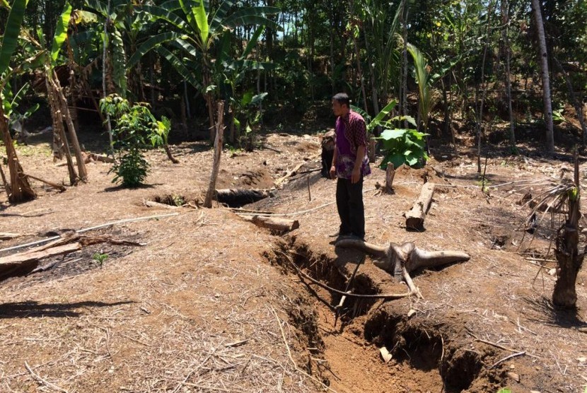 Warga menunjukan pergerakan tanah dan bangunan rusak di Desa Kadupandak, Kecamatan Tambaksari, Kabupaten Ciamis, Kamis (7/11). Pegerakan tanah yang terjadi menyebabkan sejumlah rumah warga mengalami kerusakan. 