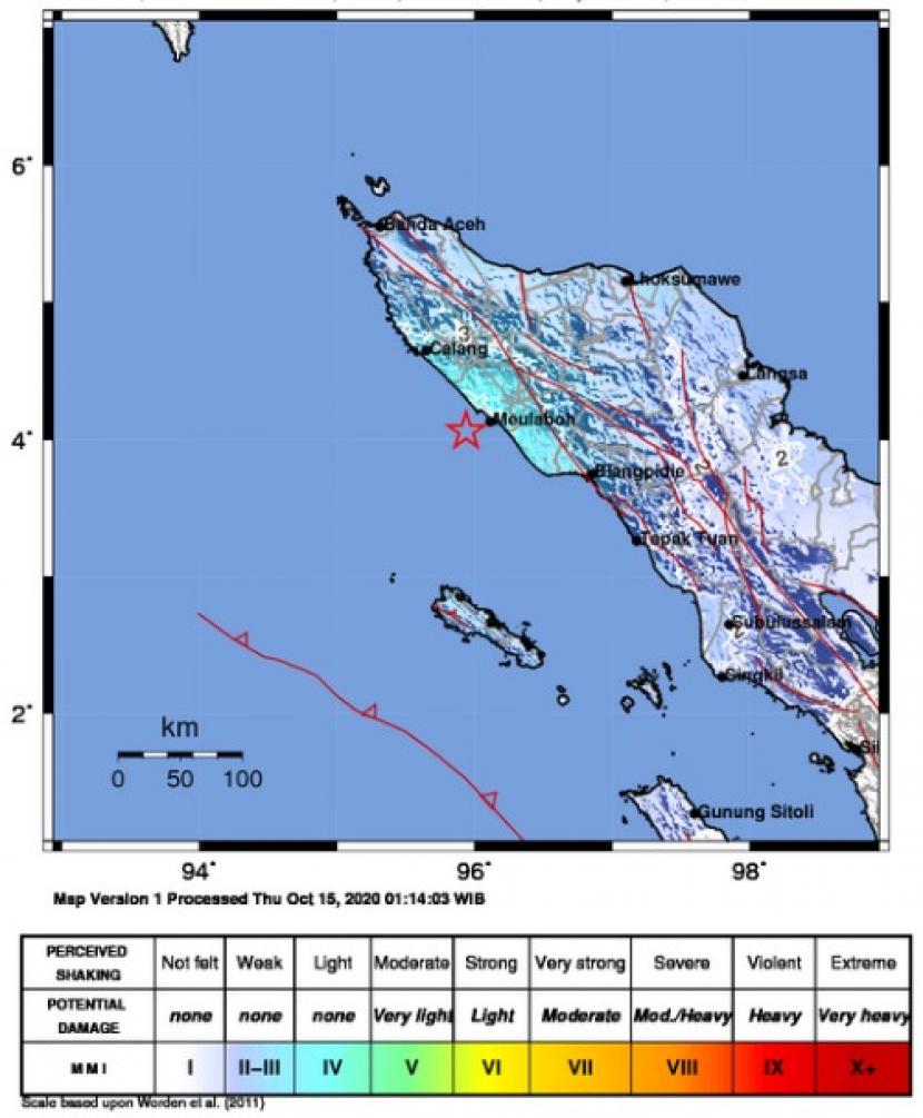  Warga merasakan guncangan lemah gempa dengan magnitudo 5,2 skala Richter (SR) di sekitar Nagan Raya, Aceh.