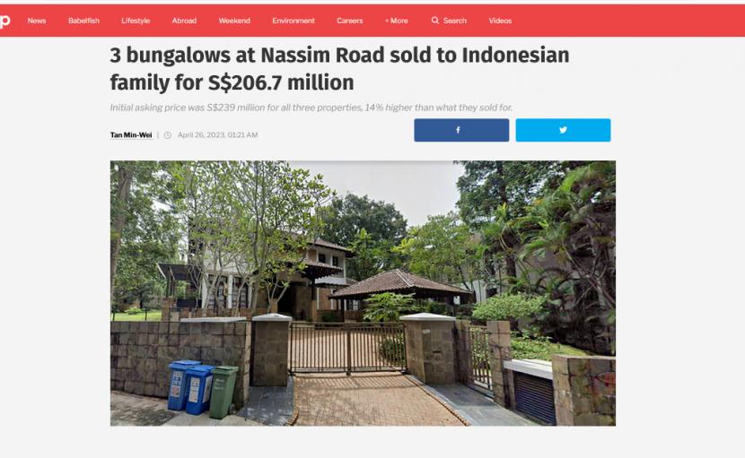 Warga Negara Indonesia (WNI) membeli rumah mewah di Singapura seharga 206,7 juta dolar Singapura atau setara sekitar Rp 2,3 triliun.