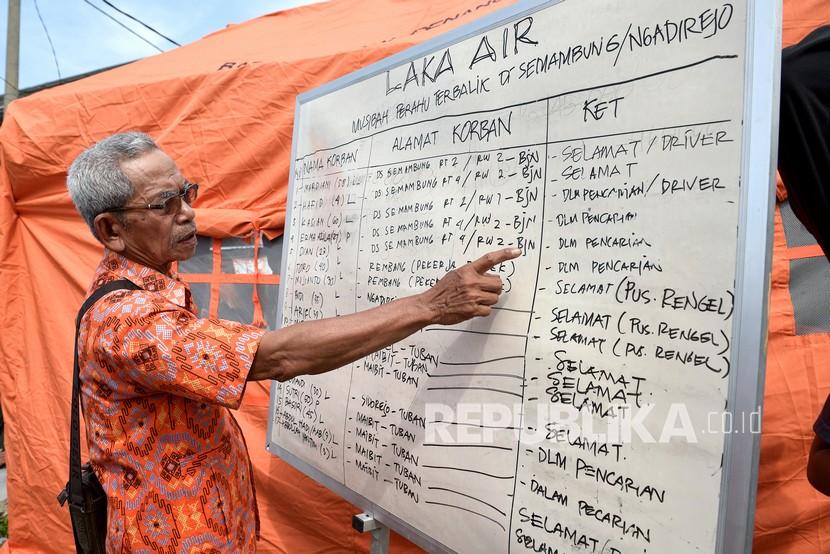 Warga sedang mengamati daftar nama penumpang perahu penyeberangan yang terbalik di Sungai Bengawan Solo, Kanor, Bojonegoro, Jawa Timur, Rabu (3/11/2021). Berdasarkan data BPBD Bojonegoro sebanyak 11 korban telah ditemukan dalam kondisi selamat dan tujuh korban masih dalam pencarian. 